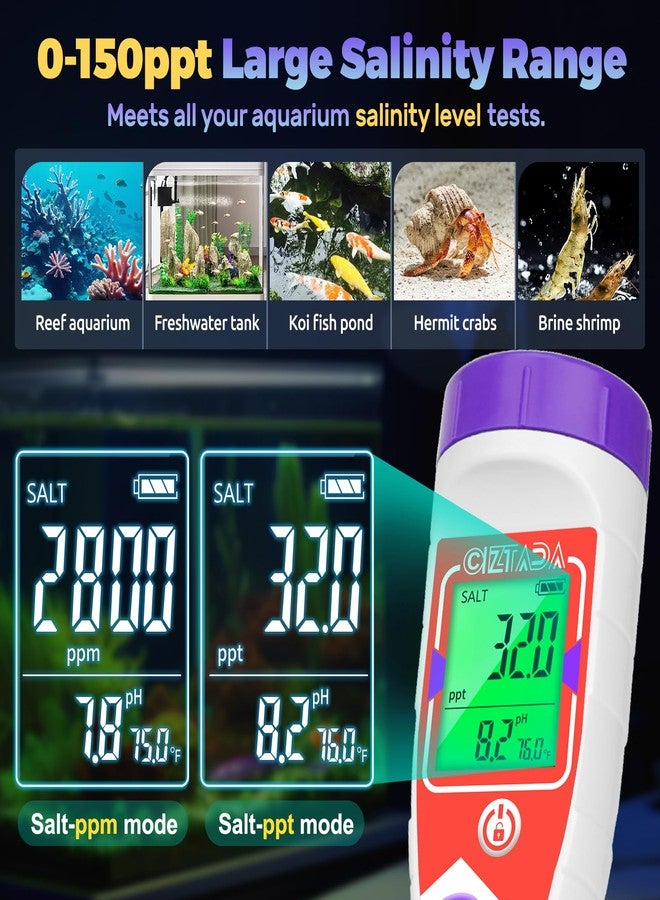 CIZTADA Saltwater Aquarium Salinity pH Tester for Reef Aquarium Digital Pool Salt Tester with 35ppt Calibration Solution Measure pH Salt EC TDS Temp 0-150ppt Large Range Salt Meter for Pool, Koi Pond - Image 2